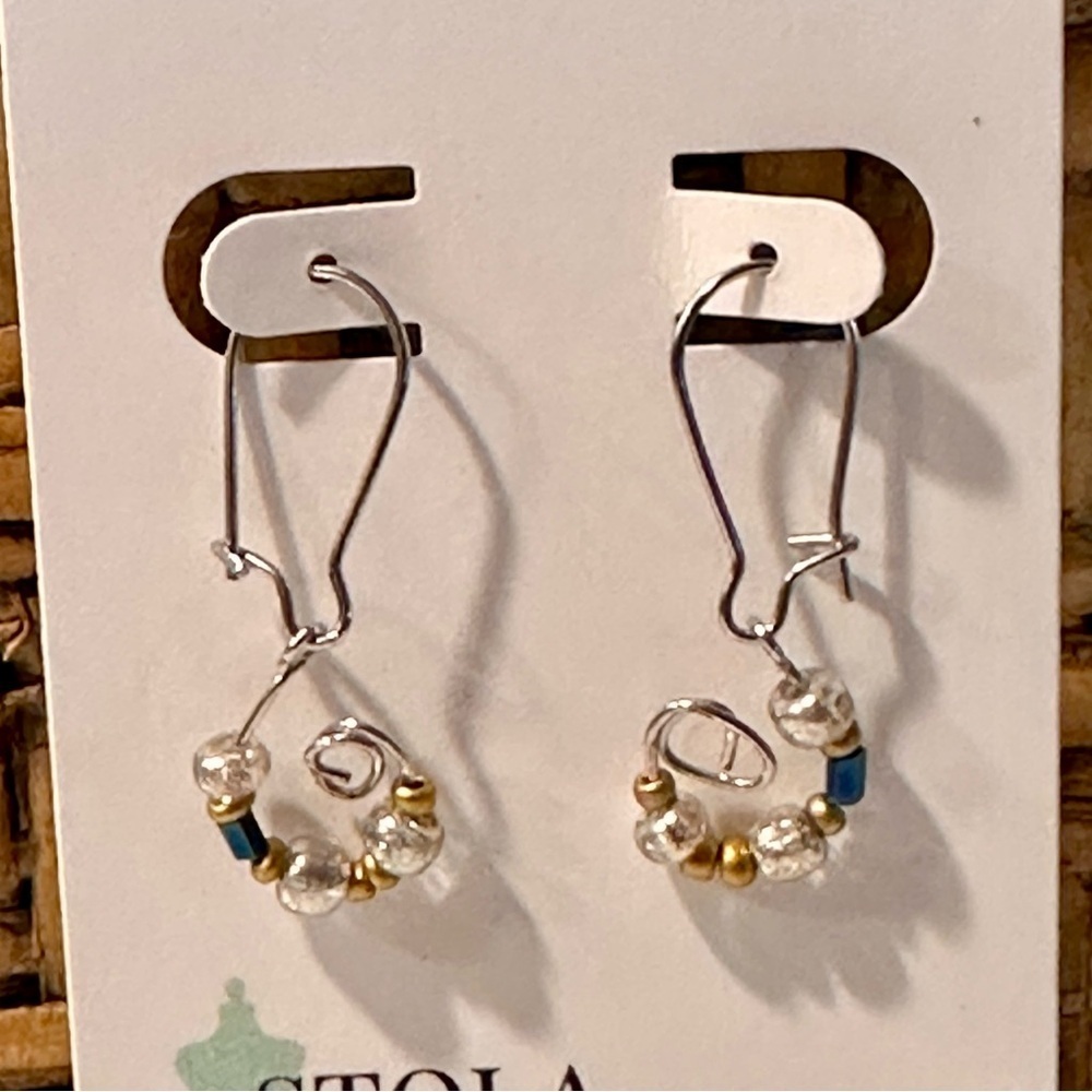 Delicate Gold, Silver, Navy Beaded Earrings